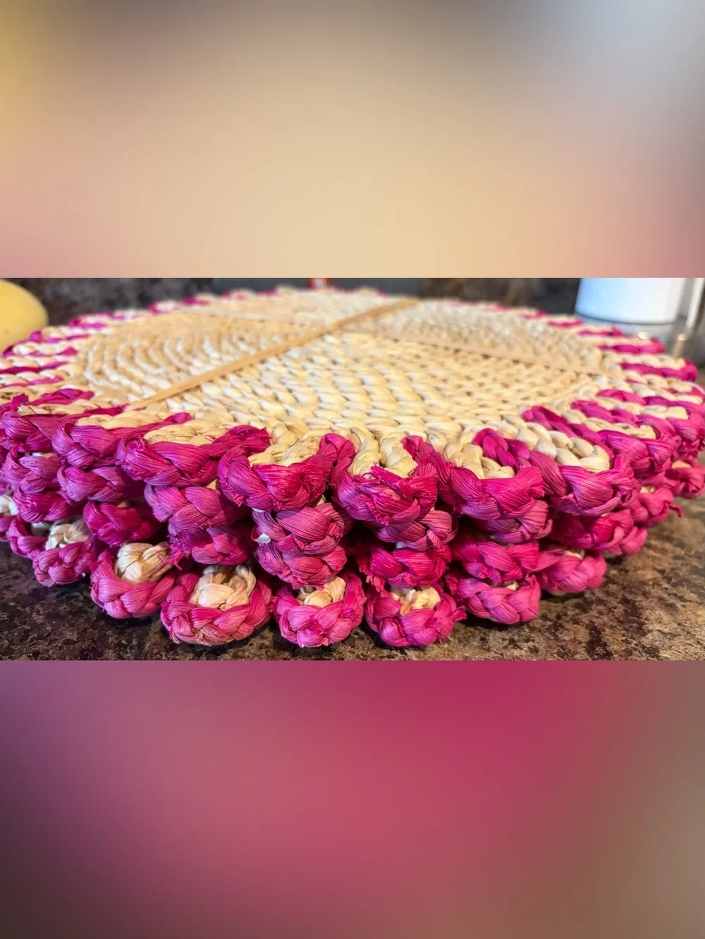 Handcrafted Round Cornhusk Placemat with Fuchsia Scalloped Border sigrid olsen